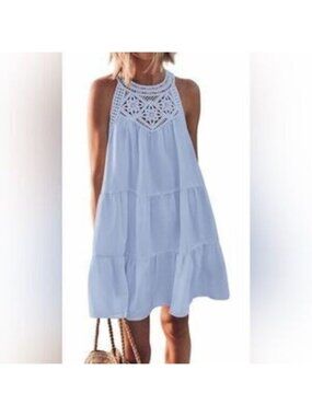 Halter Neck A-Line Boho Mini Dress-Light Blue